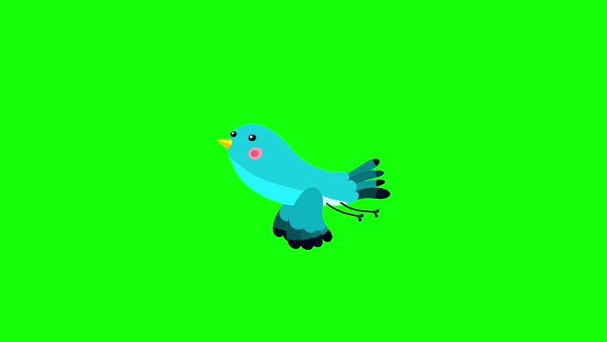 Nightingale bird blue cartoon flying, glidng singing greenbox. Blinking eyes seamless loop behaviour animation character.