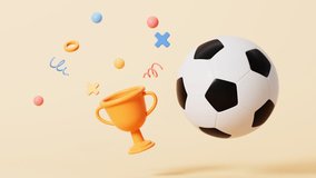 Cartoon football and trophy in the yellow background video, 3d rendering. Digital drawing.