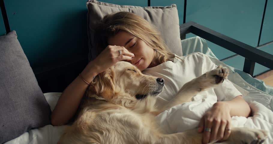 Close-up shot: a blonde girl sleeps in bed with her light-colored dog in the morning. Happy pet owner Royalty-Free Stock Footage #1107287989