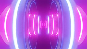 Movement of luminous rings. Animation for presentation, glowing background for a party. Camera movement through luminous concrete rings moving to the beat of the music. Animation of pumping rings.