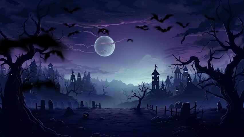 halloween night decorative with bat and moon background. seamless looping time-lapse virtual video animation background. Royalty-Free Stock Footage #1107291895