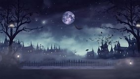 halloween night decorative with bat and moon background. seamless looping time-lapse virtual video animation background.
