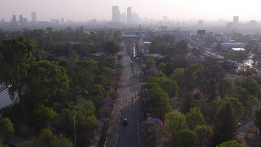 Aerial view capital city of Mexico, park Bosque de Chapultepec and city center skyline with modern high-rise buildings - green landscape and vehicles driving