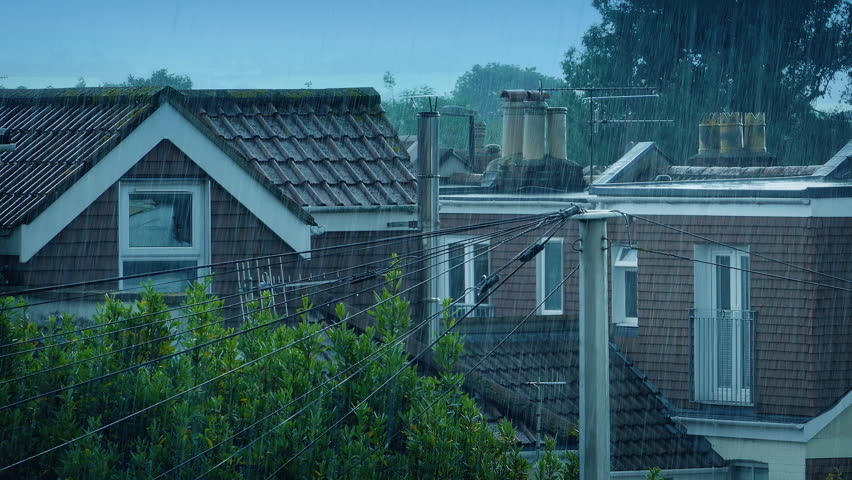 Heavy Rain On Houses Typical Residential Area