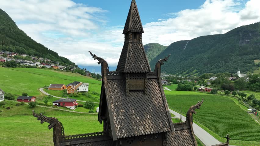 Carvings on top of Hopperstad Stave church in Vik Sogn Norway