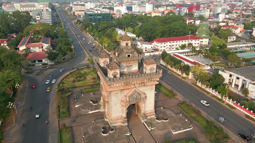 Aerial view of the beautiful historical city center of Vientiane, the capital of Laos. Royalty-Free Stock Footage #1107296385