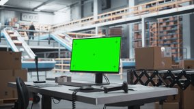 Empty Workplace Of Sorting Center Employee With Green Screen Chromakey Desktop Computer Monitor And Barcode Reader. Conveyor Belt With Online Orders Packaged In Cardboard Boxes Working On Background. - Powered by Shutterstock - Get 15% off with code: PIKWIZARD15