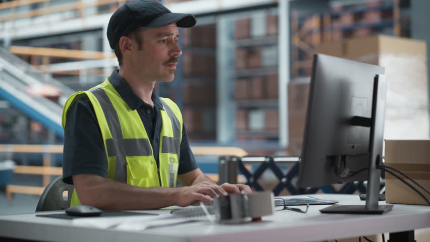Male Senior Manager Checking Inventory On Desktop Computer In Warehouse Facility With Automated Conveyor Belt. Sorting Center Employees Carrying Boxes to Package Products And Shipping to Clients. - Powered by Shutterstock - Get 15% off with code: PIKWIZARD15