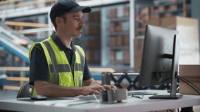 Male Senior Manager Checking Inventory On Desktop Computer In Warehouse Facility With Automated Conveyor Belt. Sorting Center Employees Carrying Boxes to Package Products And Shipping to Clients. - Powered by Shutterstock - Get 15% off with code: PIKWIZARD15