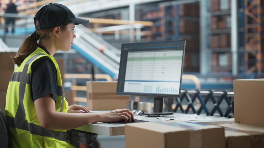 Male Stocking Associate Checking Inventory On Desktop Computer In Warehouse Facility With Automated Conveyor Belt. Sorting Center Employees Carrying Boxes to Package Products And Shipping to Clients. Royalty-Free Stock Footage #1107299425