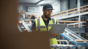 Logistics Warehouse Facility: Multiethnic Associate Worker Uses Laptop in Retail Distrubution Center, Controls Efficiency of Conveyor Loading Online Ordered Product Boxes for Delivery to Customers - Powered by Shutterstock - Get 15% off with code: PIKWIZARD15