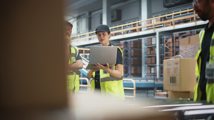 Sortation Fullfilment Center: Supervisor and Manager Talk, use Laptop. Logistics and Transportation Warehouse with Worker Loading Cardboard Boxes with Products on Conveyor Belt for Shipment to Clients Royalty-Free Stock Footage #1107299451