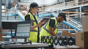 Caucasia Female Logistics Specialist Using Tablet Computer And Talking To Male Warehouse Worker In Modern Sorting Center. Man Loading Cardboard Boxes With Online Orders On Automated Conveyor Belt - Powered by Shutterstock - Get 15% off with code: PIKWIZARD15
