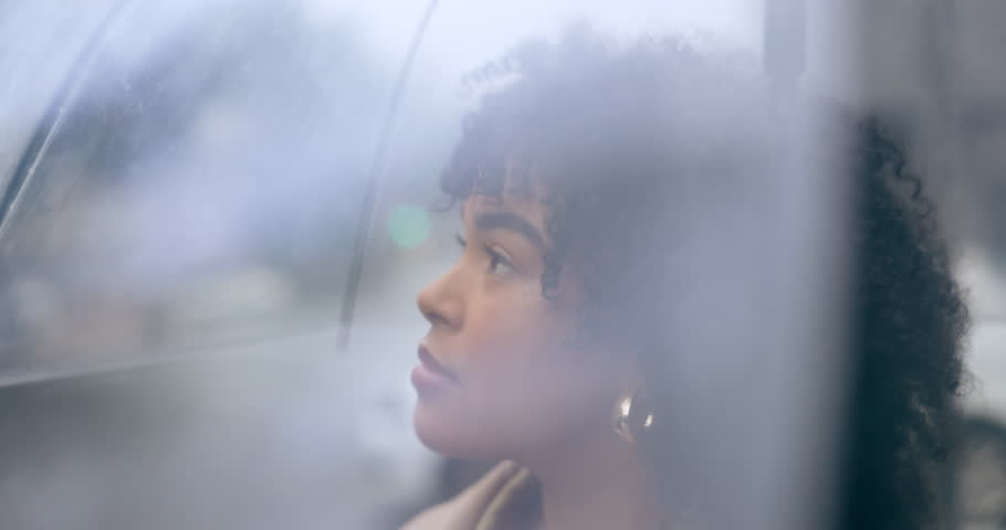 Travel, umbrella and woman in a city, break and waiting with tourism, insurance and cold. Person, outdoor and girl with cover from the rain, weather or commute with freedom and shield in a street