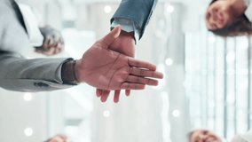 Hands stack, applause and team of business people with mission, support and solidarity, partnership and low angle in meeting. Collaboration, corporate group and celebration with employees in office - Powered by Shutterstock - Get 15% off with code: PIKWIZARD15