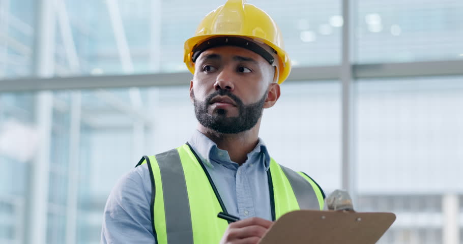 Building inspection, engineering and a construction worker with notes for industrial safety. Planning, idea and a handyman or builder writing a report on renovation or architecture progress on site Royalty-Free Stock Footage #1107305311