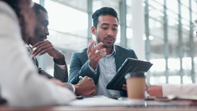 Speaking, teamwork or business people in meeting planning mission or online strategy in discussion together. Leadership, tablet or businessman talking about growth in digital agency or tech company - Powered by Shutterstock - Get 15% off with code: PIKWIZARD15