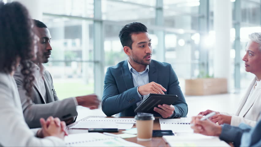 Business people, manager meeting and tablet for teamwork, planning and feedback, financial proposal and sales. Professional group of accountant or employees talking of strategy on digital technology
