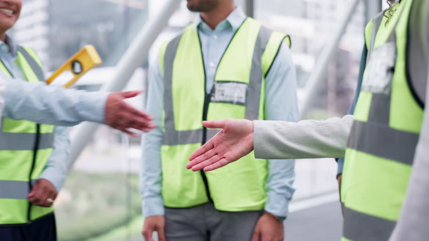 Engineering people, handshake and applause for construction meeting, congratulations or building success. Industry worker, architecture team and shaking hands or clapping for partnership and teamwork