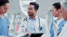 Doctors, nurses and people teamwork, tablet planning and management of workflow, healthcare and hospital schedule. Medical staff in circle for internship feedback, digital results and clinic meeting - Powered by Shutterstock - Get 15% off with code: PIKWIZARD15