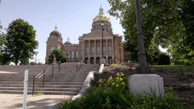 Iowa state capitol building in Des Moines, Iowa with gimbal video wide shot stable.