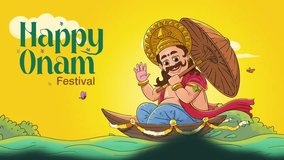 Happy Onam festivals in Kerala are depicted in a cartoon illustration and animation video. King Mahabali is traveling on a boat and wishing Happy onam to people.   