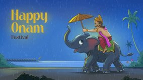 Happy Onam festivals in Kerala are depicted in a cartoon illustration and animation video. While it's raining, King Mahabali is giving an umbrella to an elephant. 