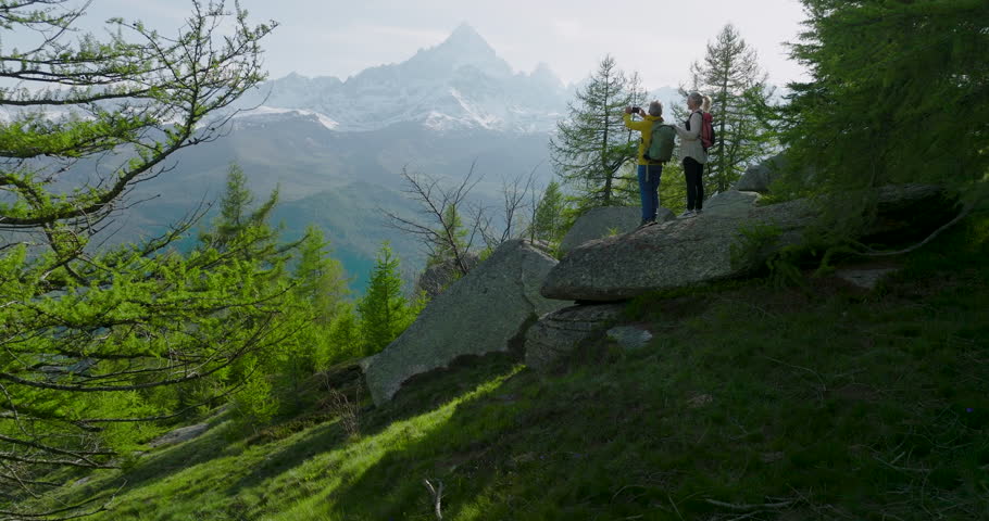 Aerial view of mature hiking couple taking a break to admire high mountain view from copse of larch trees, they pause on boulder to admire view in Piedmont Royalty-Free Stock Footage #1107306977