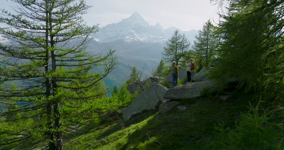Aerial view of mature hiking couple taking a break to admire high mountain view from copse of larch trees, they pause on boulder to admire view in Piedmont Royalty-Free Stock Footage #1107306983