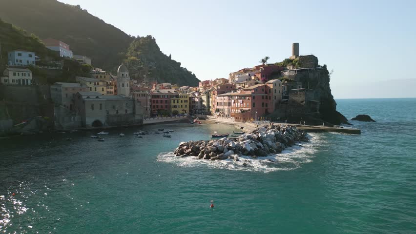 Port of Vernazza, Cinque Terre, Italy - Low Drone Shot Royalty-Free Stock Footage #1107308175