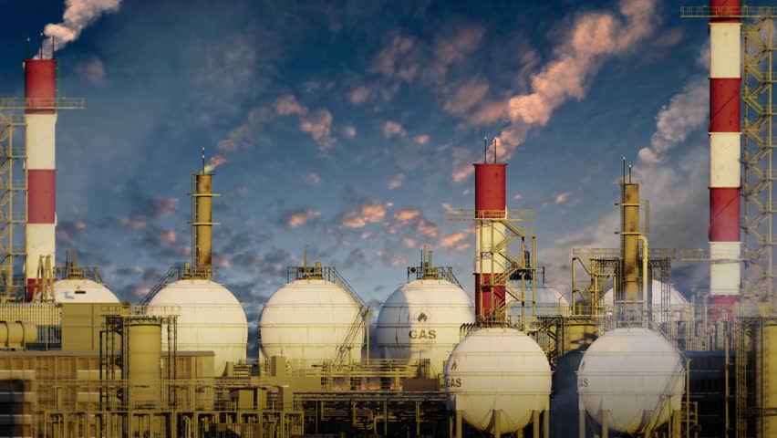 LNG - liquid flammable gas massive industrial facility with storage, fictive - loop video Royalty-Free Stock Footage #1107317709