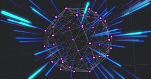 Animation of network of connections with globe over blue neon light trails. Global connections, computing and data processing concept digitally generated video.