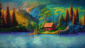 Scenery of a small house beside a lake with a hill in the background, 4k quality looped background video