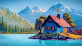 View of a lakeside house with a hill in the background, 4k quality looped background video