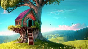 View of a small tree house with hills in the background, short looped background video 4k quality