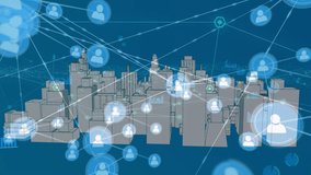 Animation of connected profile icons, graph icons and 3d model of city over blue background. Digitally generated, hologram, illustration, report, business, communication, buildings and architecture. - Powered by Shutterstock - Get 15% off with code: PIKWIZARD15