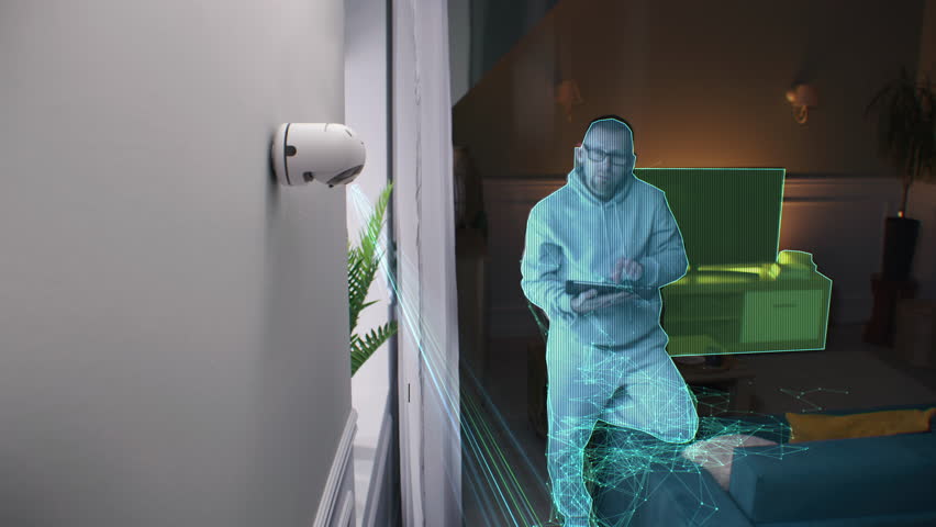 Man sets up security camera with AI recognition at home using digital tablet. 3D render of modern CCTV camera rotating, scanning objects in room with laser beams. VFX animation. Surveillance system.