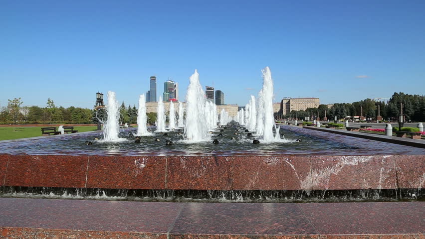 Fountain in the Victory Park on Poklonnaya Hill, Moscow, Russia. The memorial complex constructed in memory of those who died during the Great Patriotic war