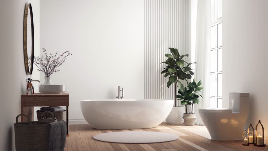 Animation of minimal style modern contemporary white bright bathroom with natural light 3d render illustration There are wooden floor and sink counter ,golden round mirror decorated with candle Royalty-Free Stock Footage #1107326563