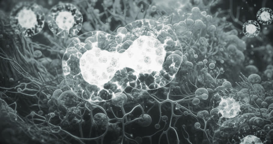 Biological cell separation process under a microscope. Cells division inside human body