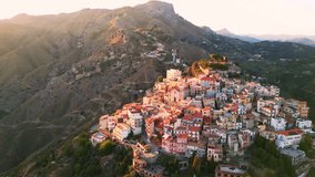 Spectacular Aerial Sunset Views of Taormina and Castelmola Medieval Villages in Sicily | Italy's Charming Historic Landscapes from Above