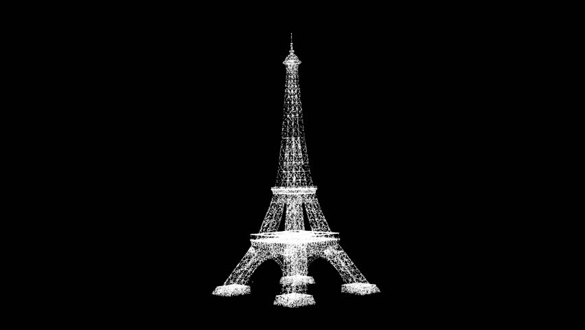 3D Eiffel Tower rotates on black bg. Business advertising backdrop. For title, text, presentation. 3d animation 60 FPS