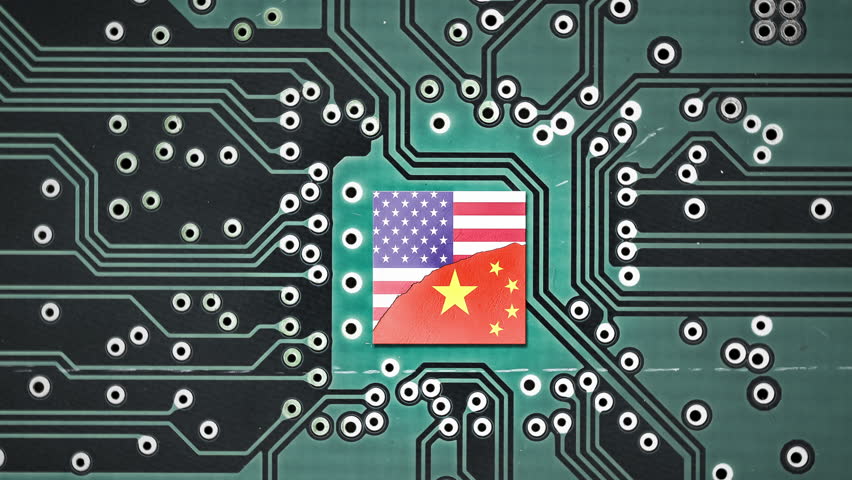 Tech war between China and the USA. Flag of USA and China on a microprocessor Royalty-Free Stock Footage #1107334109