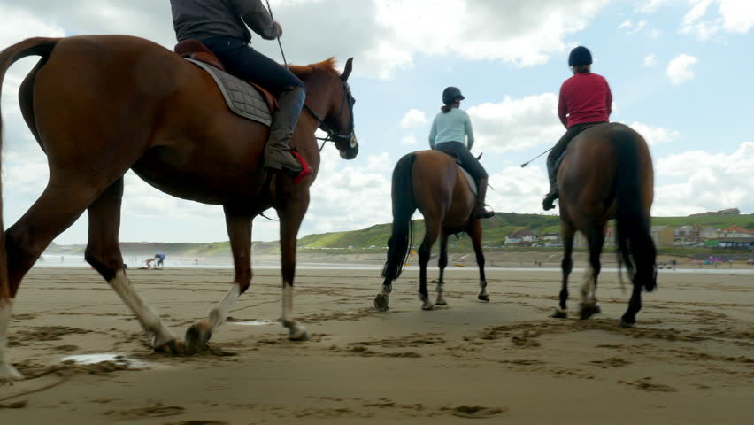 Horses with riders on beach. 