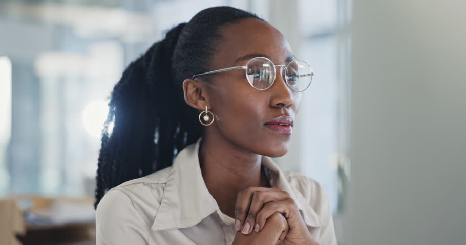 Business woman, glasses and headache on computer for payroll mistake, Human Resources error or wrong email. Professional african person on desktop with stress, angry or breathing for HR fail or news Royalty-Free Stock Footage #1107335759
