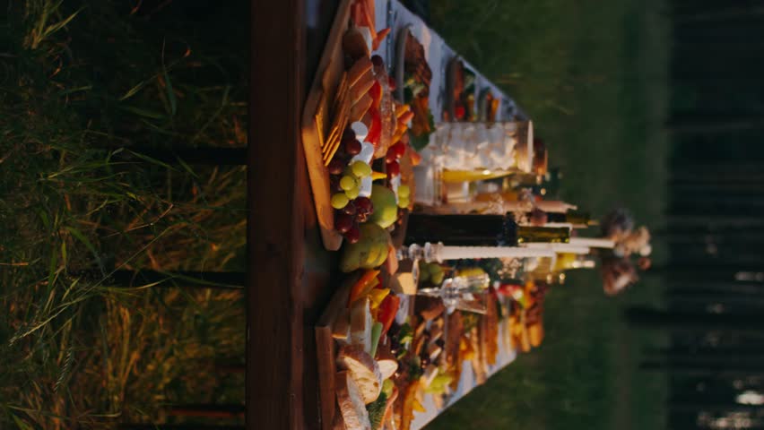 A beautiful festive table covered with a variety of food stands near a decorated arch in the forest, there are no people Royalty-Free Stock Footage #1107337417