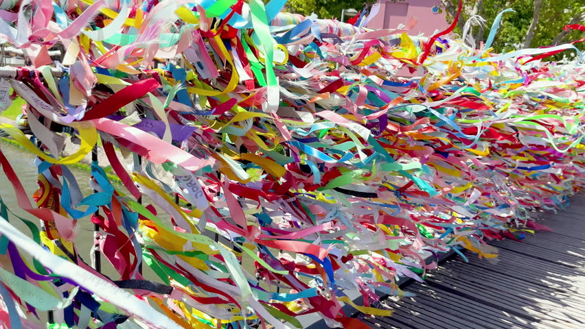 View of colorful ribbons blowing in the wind. Colorful strips of ribbons are tied to the handrails of the bridge by tourists as a souvenir. Royalty-Free Stock Footage #1107338339