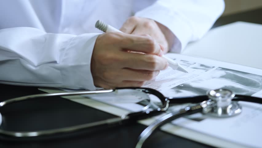 professional doctor wearing uniform taking notes in journal, physician therapist practitioner filling medical documents on clipboard patient form history and prescription, talking with patient. Royalty-Free Stock Footage #1107347467