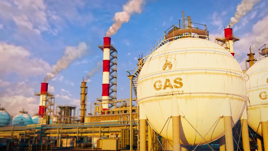 LNG - liquid natural gas heavy industrial facility with storage, fictive - loop video Royalty-Free Stock Footage #1107351633