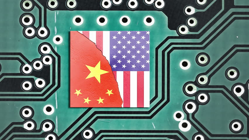 Tech war between China and the USA. Flag of USA and China on a microprocessor. Vertical view Royalty-Free Stock Footage #1107353529